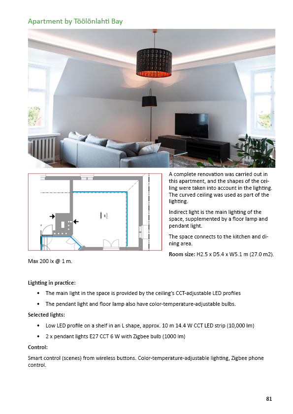 Apartment by Töölönlahti Bay - Living room lighting example with floor plan