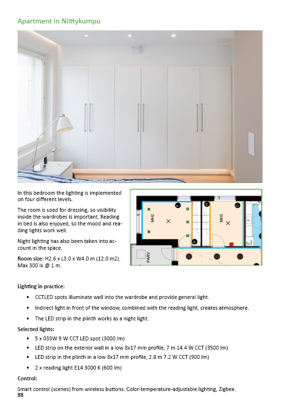 Apartment in Niittykumpu - Bedroom lighting example with floor plan