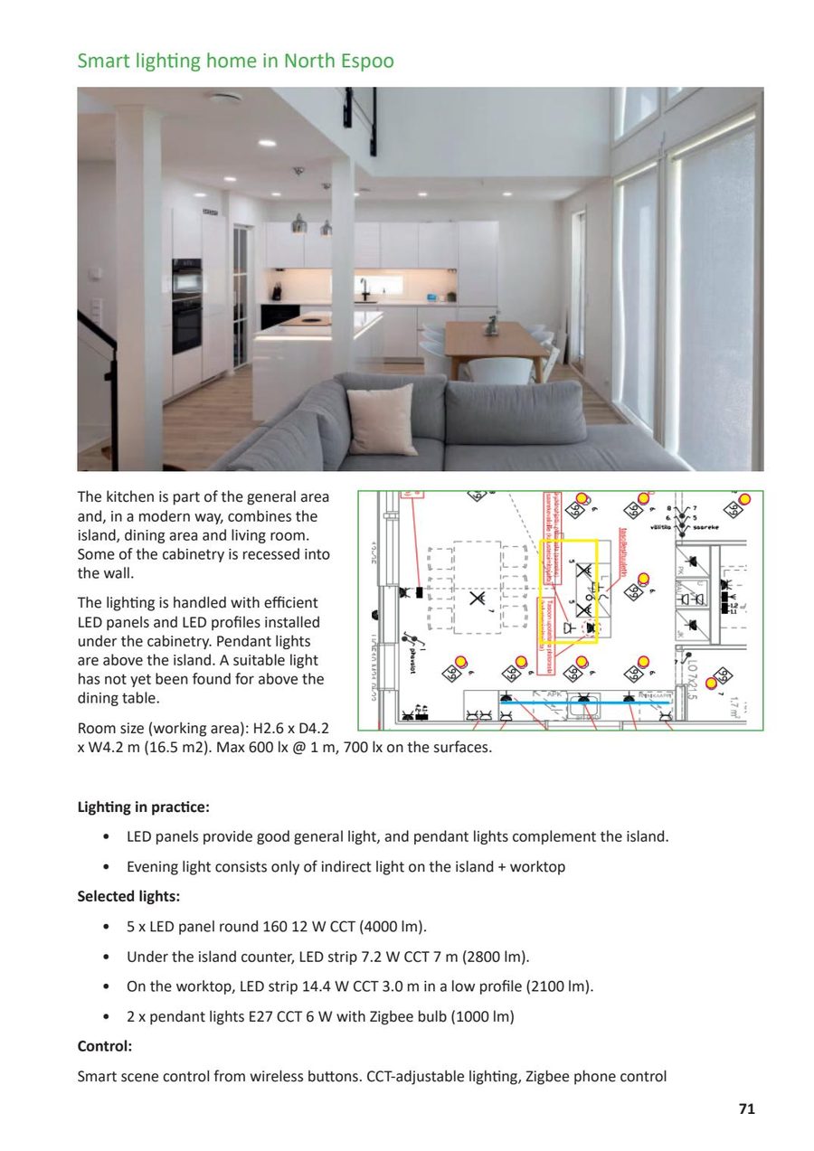 Smart lighting and layered light in a kitchen environment.