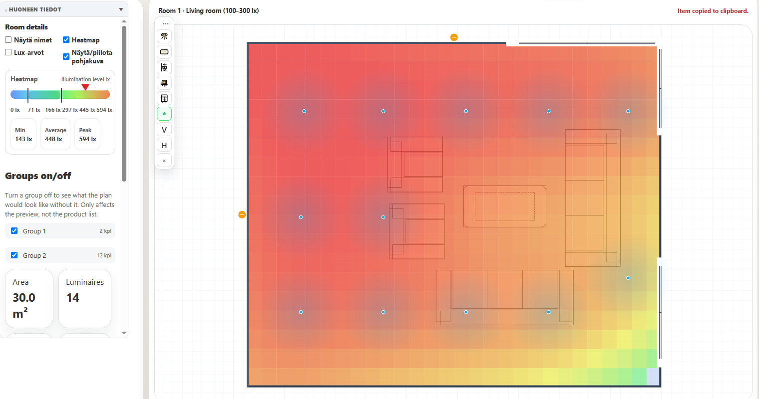 Lightingdesigner.io: 30 m² olohuone 14 alasvalolla – lux-heatmap näyttää keskiarvon 448 lx, kun tavoite on 100–300 lx